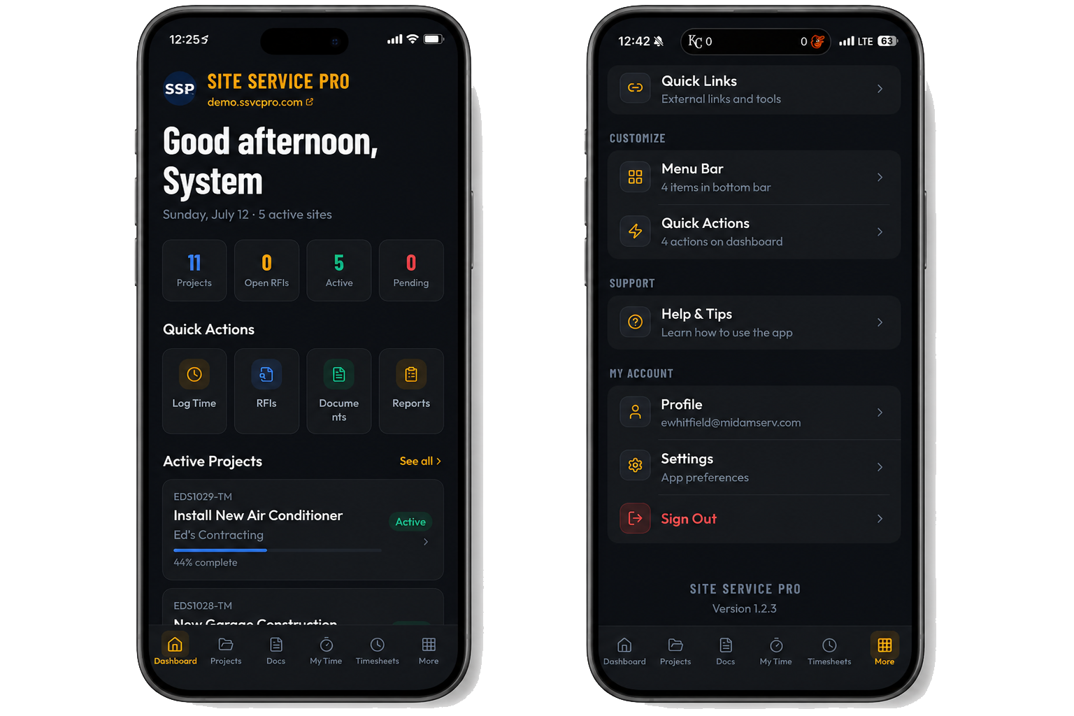 Site Service Pro mobile app dashboard and settings screens side by side